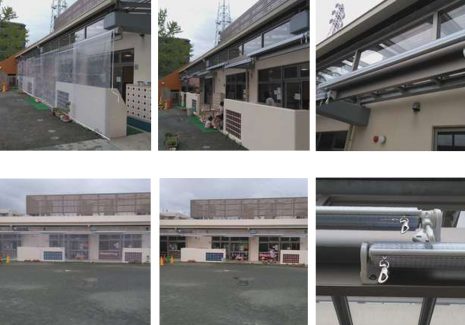 幼稚園の屋外通路の雨よけに屋外用手巻き式糸入り透明ビニールロールスクリーンを設置