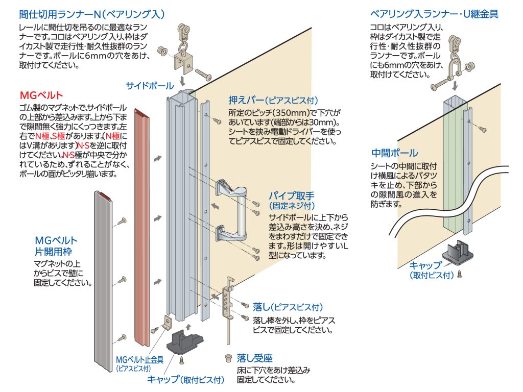 間仕切りポール押えバータイプ組立図